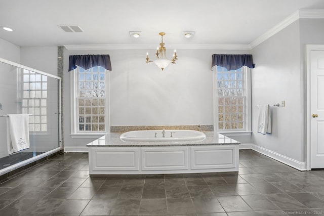 35 Grace View Dr, Easton, CT 06612 - full bath with plenty of natural light, a bath, crown molding, a chandelier, and a shower stall