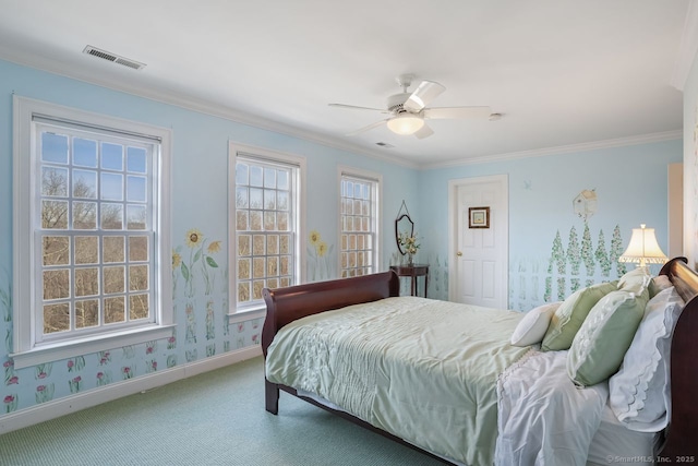 35 Grace View Dr, Easton, CT 06612 - bedroom with carpet flooring, crown molding, ceiling fan, and wallpapered walls