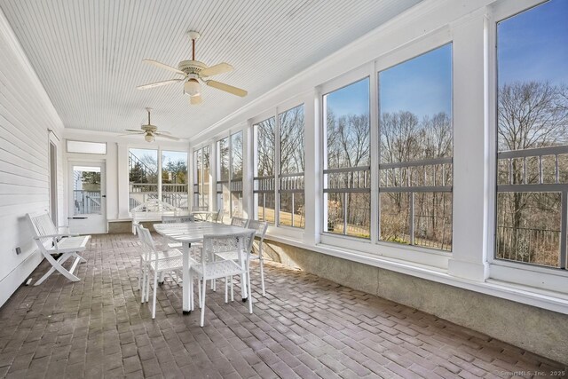 35 Grace View Dr, Easton, CT 06612 - sunroom featuring outdoor dining space, a ceiling fan, plenty of natural light, and crown molding