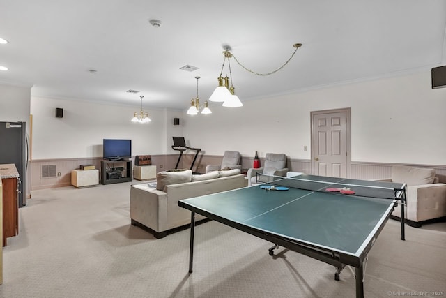 35 Grace View Dr, Easton, CT 06612 - playroom with ornamental molding, light carpet, wainscoting, a chandelier, and recessed lighting