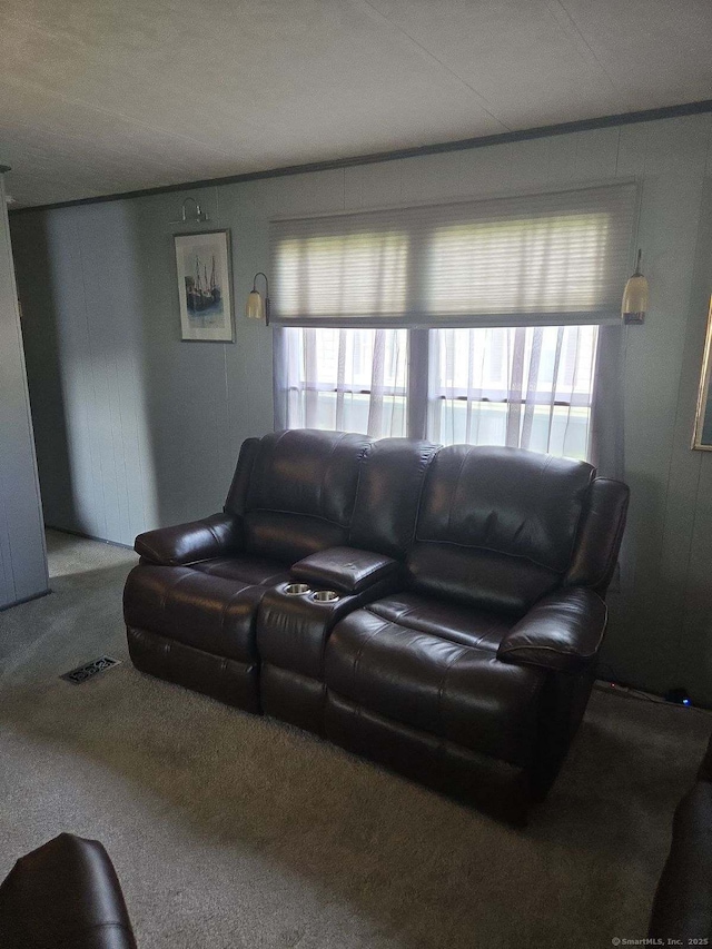 living area featuring a wealth of natural light, visible vents, and carpet floors