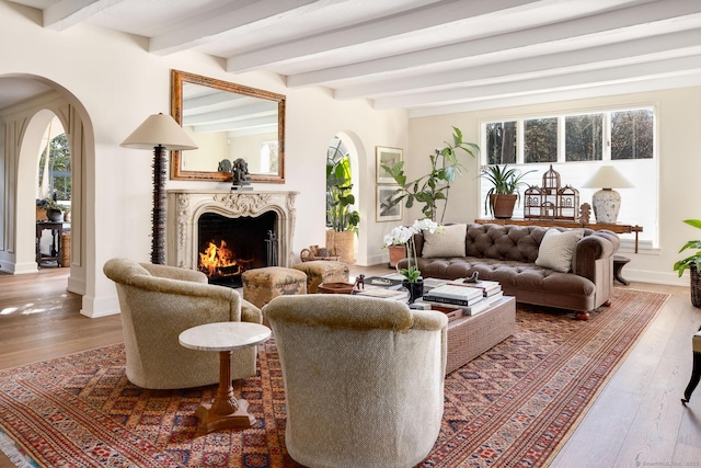 living area featuring a premium fireplace, arched walkways, and wood finished floors