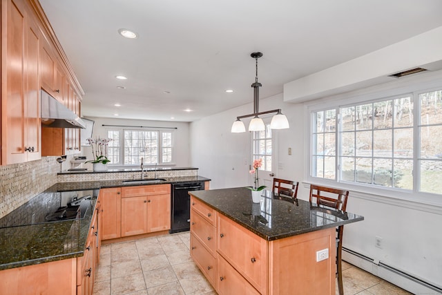 kitchen featuring black appliances, light brown cabinets, a sink, a baseboard heating unit, and under cabinet range hood