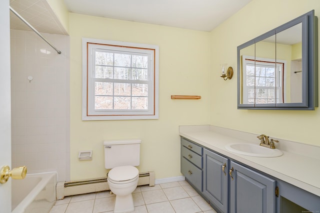 bathroom with a baseboard heating unit, toilet, vanity, and tile patterned flooring