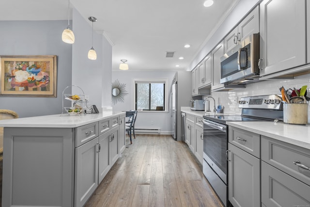 kitchen featuring backsplash, gray cabinets, stainless steel appliances, and light wood-type flooring