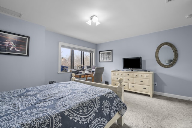 bedroom with carpet flooring, visible vents, and baseboards