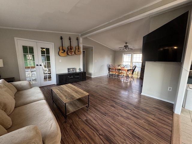 living room featuring french doors, wood finished floors, vaulted ceiling with beams, and ornamental molding