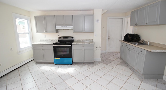 kitchen with a sink, gray cabinetry, light countertops, electric stove, and under cabinet range hood