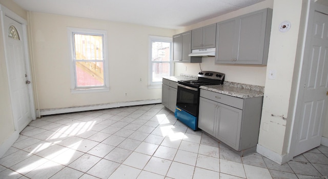 kitchen featuring gray cabinets, under cabinet range hood, light countertops, stainless steel electric range oven, and baseboard heating