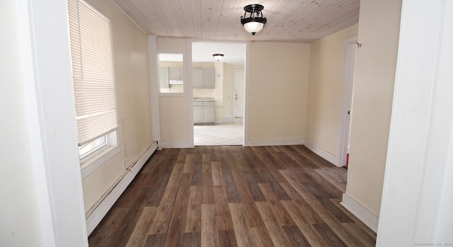 spare room with wood ceiling, wood finished floors, baseboards, and baseboard heating