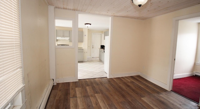 spare room featuring a baseboard radiator, wooden ceiling, baseboards, and wood finished floors