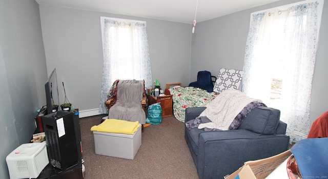 living area with a baseboard heating unit and carpet floors