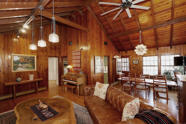 living area with beamed ceiling, wood walls, wood ceiling, and wood finished floors