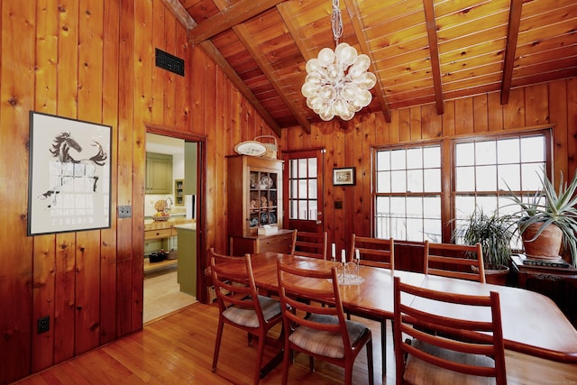 dining area featuring light wood-style flooring, an inviting chandelier, lofted ceiling with beams, and wood walls