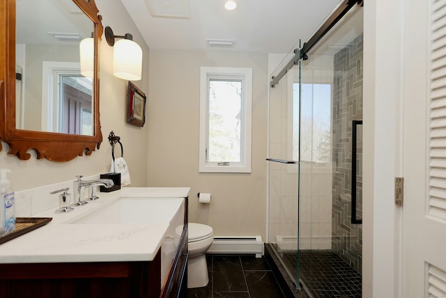 bathroom with a baseboard heating unit, a shower stall, toilet, and visible vents