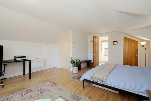 bedroom featuring wood finished floors and vaulted ceiling