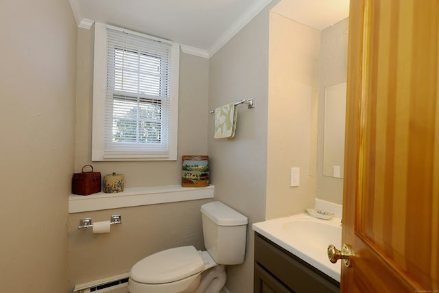 half bath with a baseboard heating unit, toilet, vanity, and ornamental molding