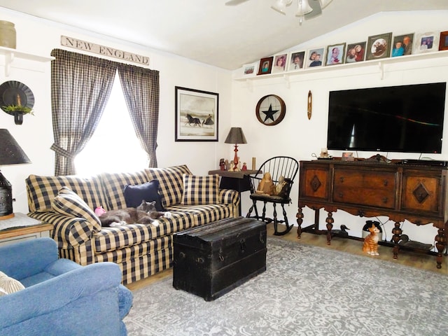 living room with wood finished floors, a ceiling fan, and vaulted ceiling