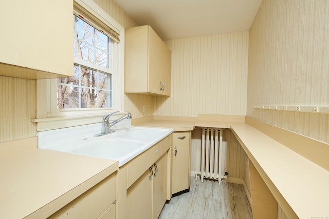 laundry area with a sink, light wood-type flooring, and radiator heating unit