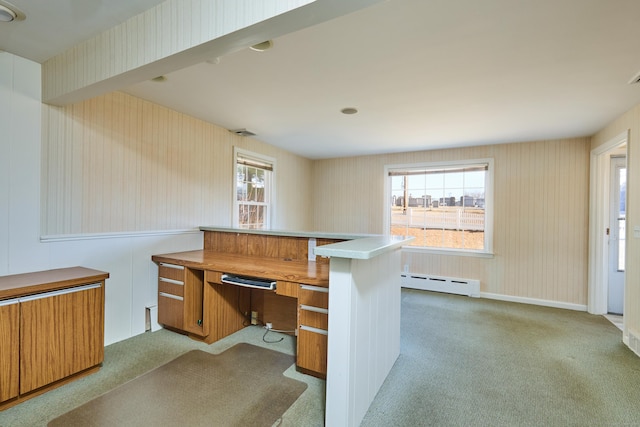 kitchen with a peninsula, carpet flooring, and a healthy amount of sunlight