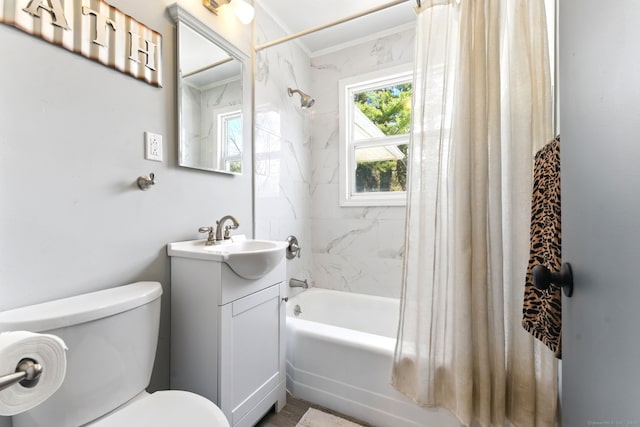 bathroom featuring shower / bath combination with curtain, toilet, vanity, and ornamental molding