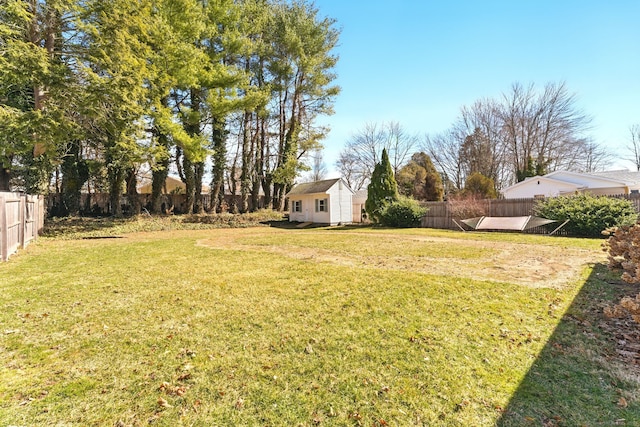 view of yard featuring an outbuilding and a fenced backyard