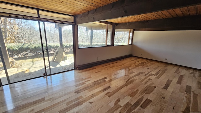 interior space featuring baseboards, beamed ceiling, expansive windows, wooden ceiling, and wood finished floors