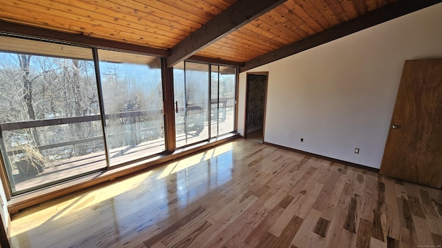 interior space with beamed ceiling, wood finished floors, floor to ceiling windows, wooden ceiling, and baseboards