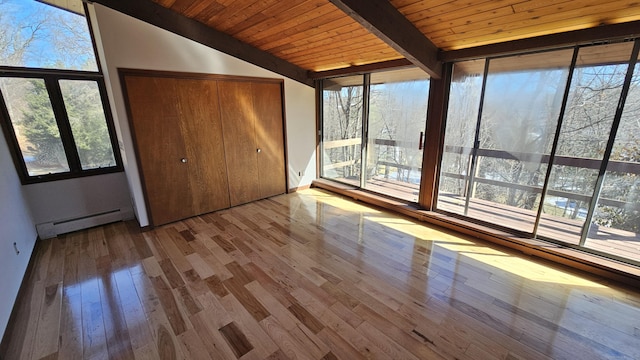 unfurnished bedroom with access to exterior, vaulted ceiling with beams, wood ceiling, wood finished floors, and a baseboard radiator