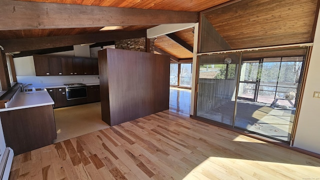 kitchen featuring a sink, light wood-style flooring, and wooden ceiling