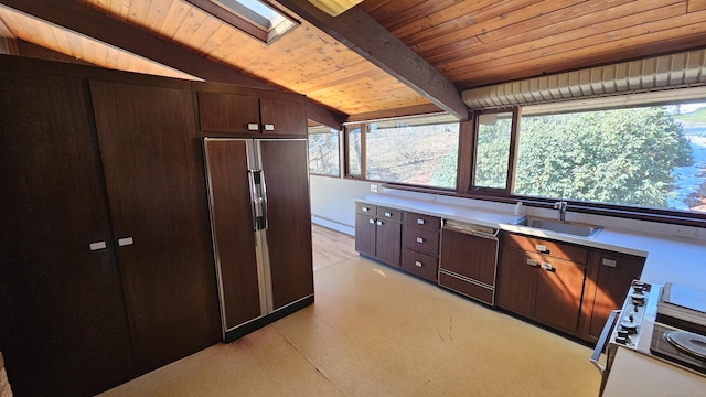 kitchen featuring dark brown cabinets, dishwasher, wood ceiling, paneled built in fridge, and a sink