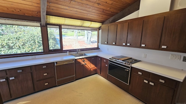 kitchen with a sink, range with electric cooktop, light countertops, dark brown cabinets, and dishwasher