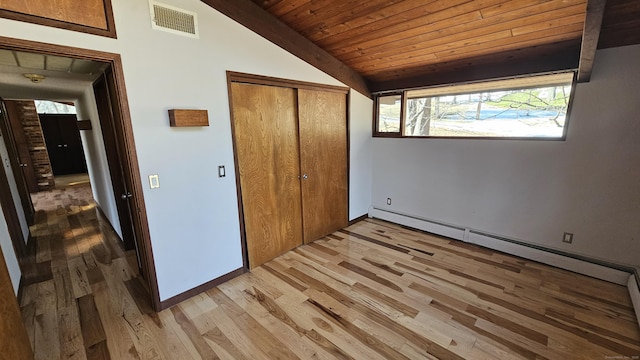 unfurnished bedroom with visible vents, light wood-style flooring, a closet, wood ceiling, and vaulted ceiling with beams