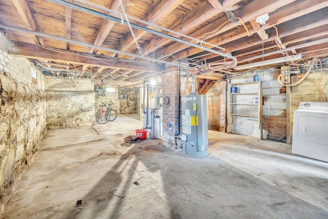 unfinished below grade area featuring washer / clothes dryer and water heater