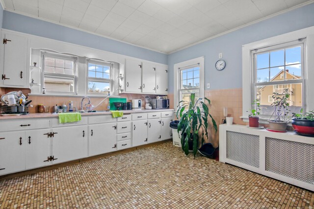 kitchen featuring radiator, light countertops, ornamental molding, white cabinets, and a sink