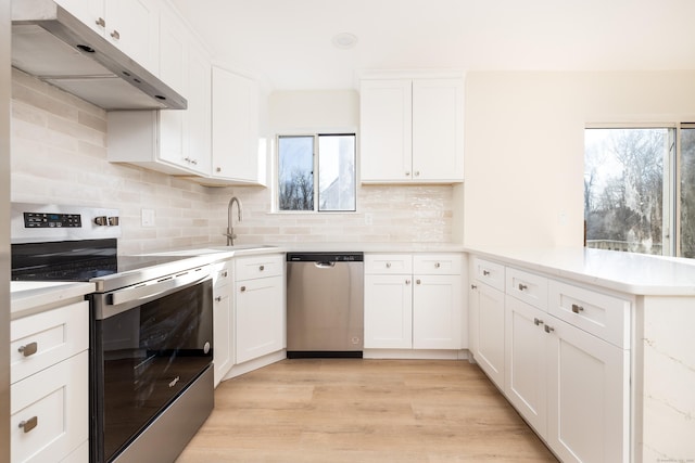 kitchen with light wood finished floors, a peninsula, a sink, under cabinet range hood, and appliances with stainless steel finishes