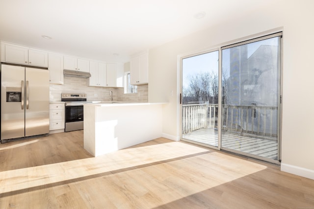 kitchen featuring a sink, light wood-style floors, under cabinet range hood, appliances with stainless steel finishes, and tasteful backsplash