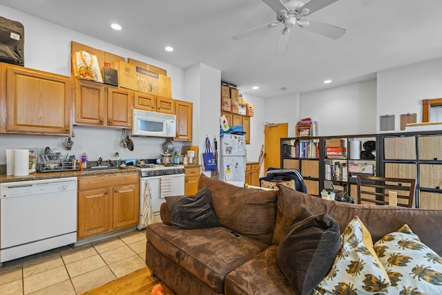 kitchen featuring recessed lighting, white appliances, ceiling fan, and light tile patterned floors