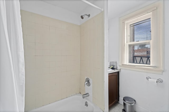 full bathroom with vanity and shower / tub combo with curtain