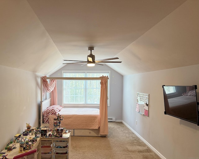 bedroom with lofted ceiling, a baseboard heating unit, carpet, baseboards, and ceiling fan