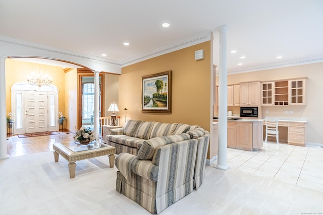 living room with crown molding, light carpet, recessed lighting, arched walkways, and ornate columns