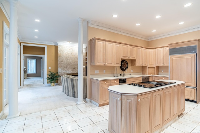 kitchen with paneled fridge, light countertops, crown molding, and light brown cabinets