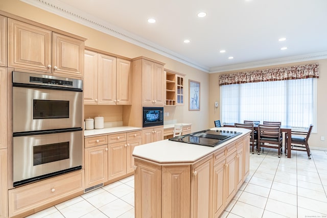 kitchen with a center island, light brown cabinetry, ornamental molding, light tile patterned floors, and black appliances