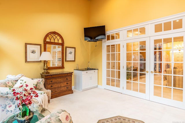 unfurnished room featuring french doors and carpet