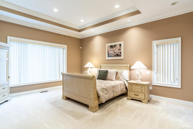 bedroom featuring recessed lighting, light colored carpet, crown molding, and baseboards