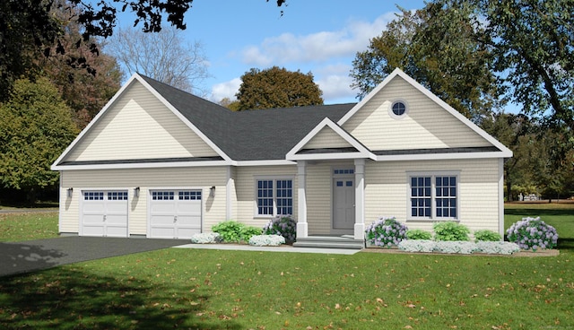 view of front of home with aphalt driveway, an attached garage, and a front lawn