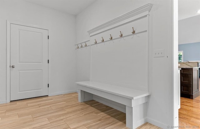 mudroom with baseboards and light wood-type flooring