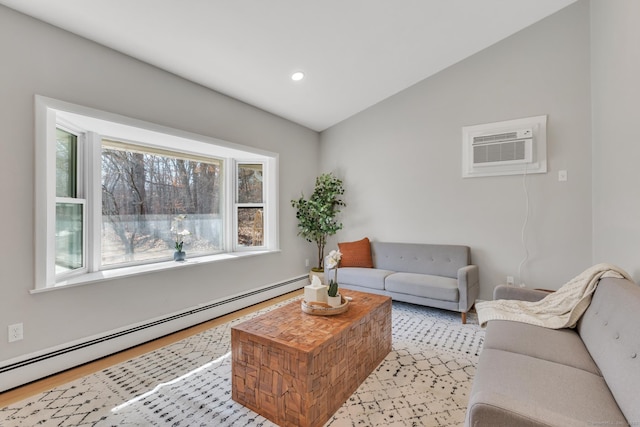 living area with an AC wall unit, recessed lighting, light wood-style floors, a baseboard radiator, and lofted ceiling