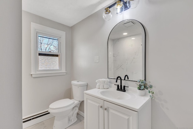 bathroom with toilet, marble finish floor, baseboards, baseboard heating, and vanity