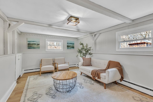 sitting room with a baseboard heating unit, beamed ceiling, and wood finished floors